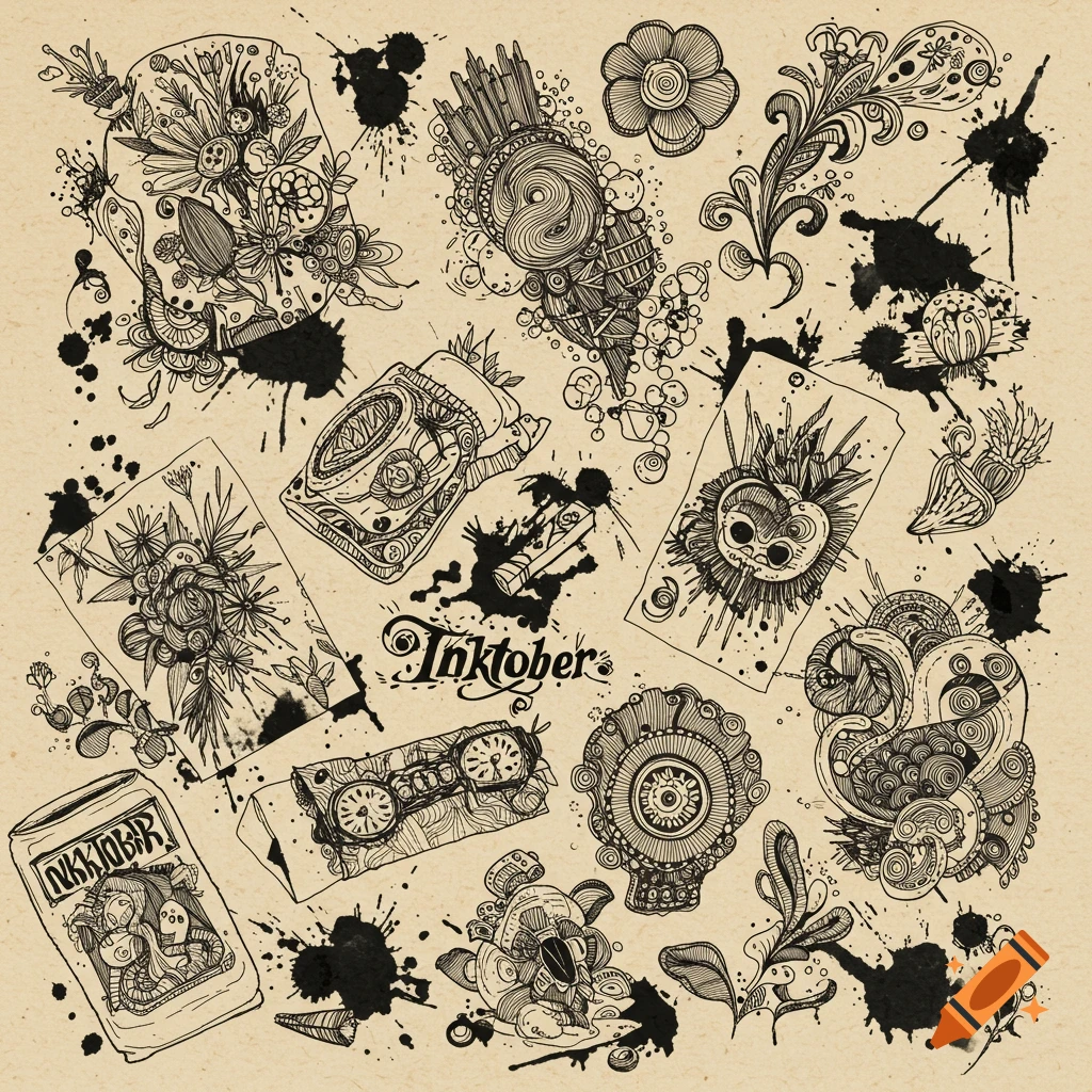 A collage of intricate black ink doodles, patterns, and splatters on a textured beige background, featuring the word 'Inktober'.