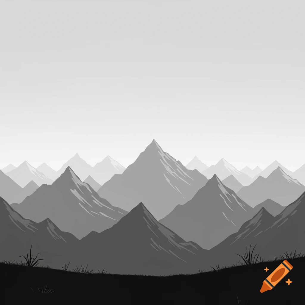 Monochromatic layered mountain range with peaks fading into the distance and a dark grass foreground.