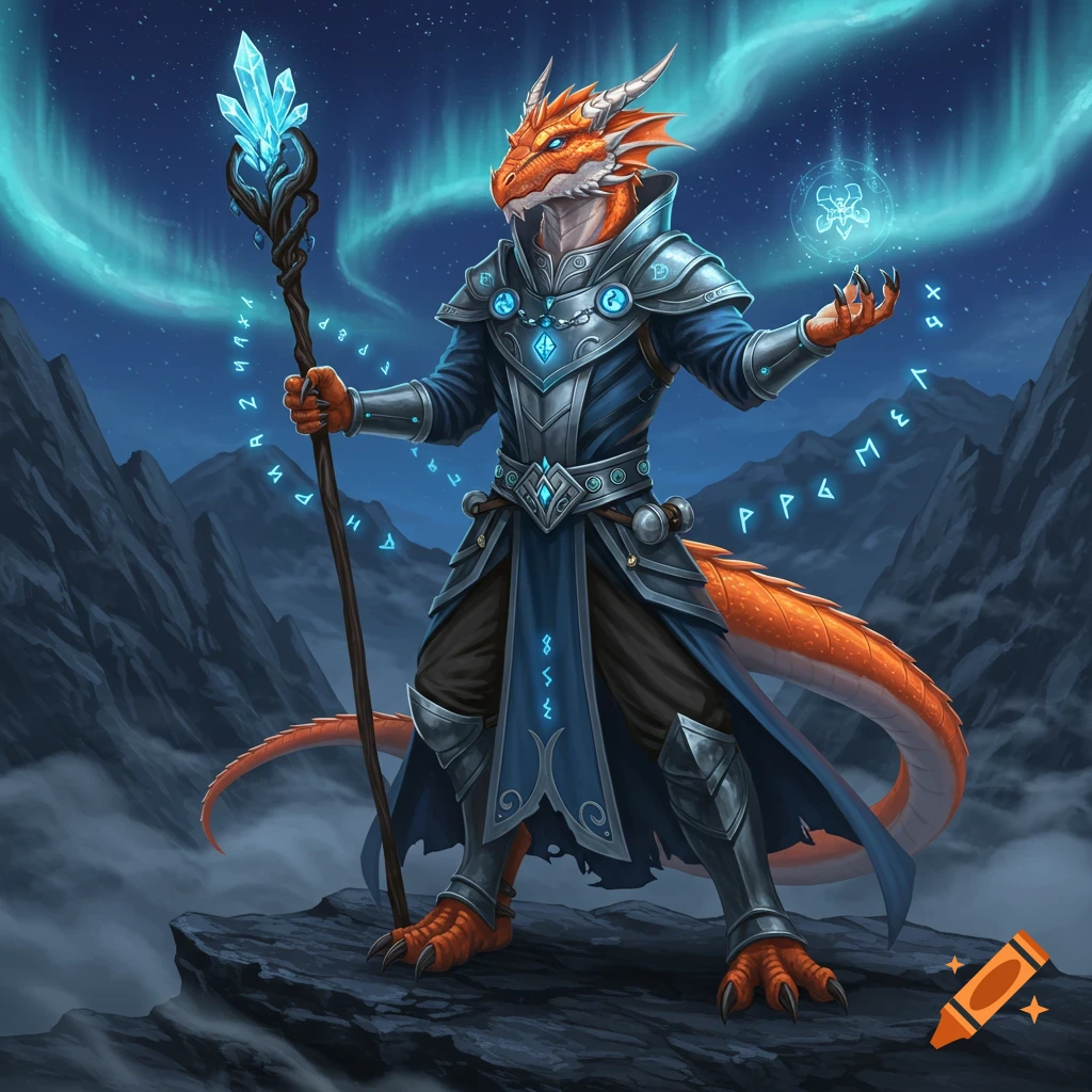 An orange-scaled draconian wizard in blue and silver armor holds a crystal staff, casting a spell with glowing runes under an aurora borealis sky.