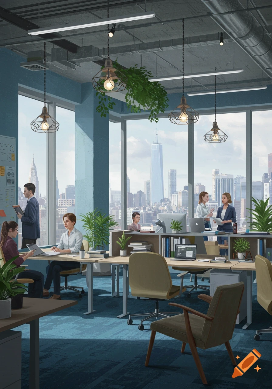 An illustrated modern office space with workers, desks, and large windows revealing a cityscape with skyscrapers.