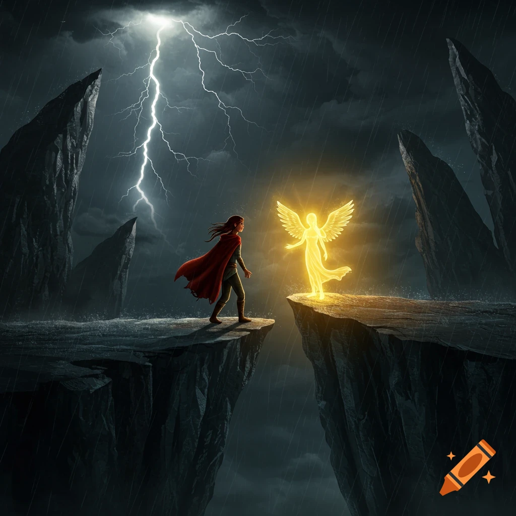 A person in a red cloak stands on a cliff, facing a glowing angel across a stormy chasm with lightning in the dark sky.