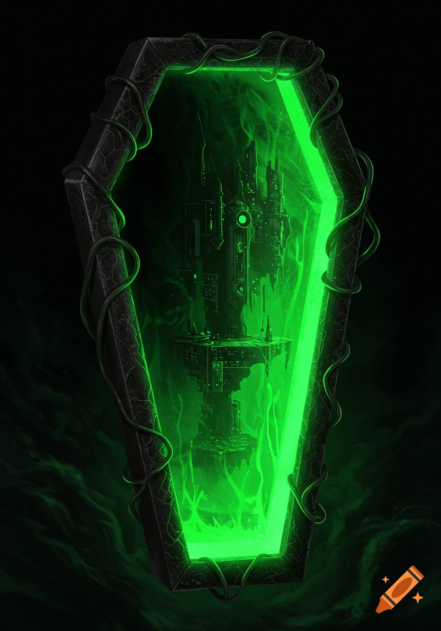 A glowing green futuristic city is contained within a dark, stone, coffin-shaped frame with vines.