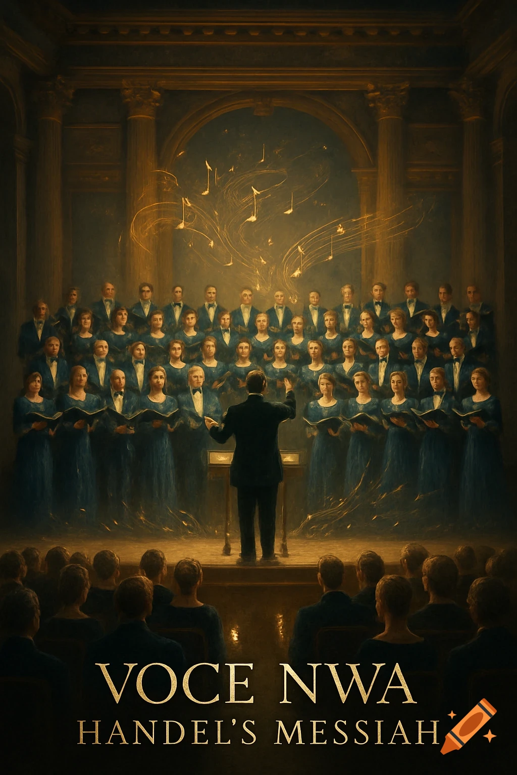 A choir and conductor perform Handel's Messiah in a grand hall, with glowing musical notes. Text: VOCE NWA, HANDEL'S MESSIAH.