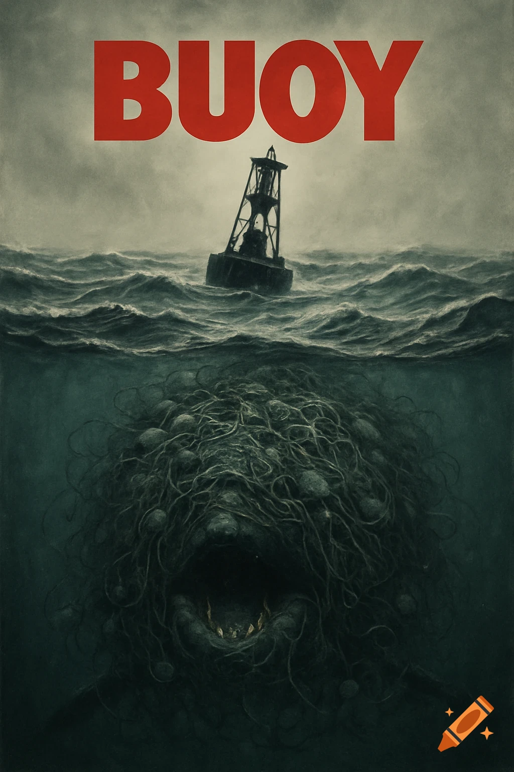 An ominous movie poster showing a buoy on rough grey seas and a dark, monstrous, trash-covered creature with an open mouth lurking underwater below it, with the title BUOY in red.