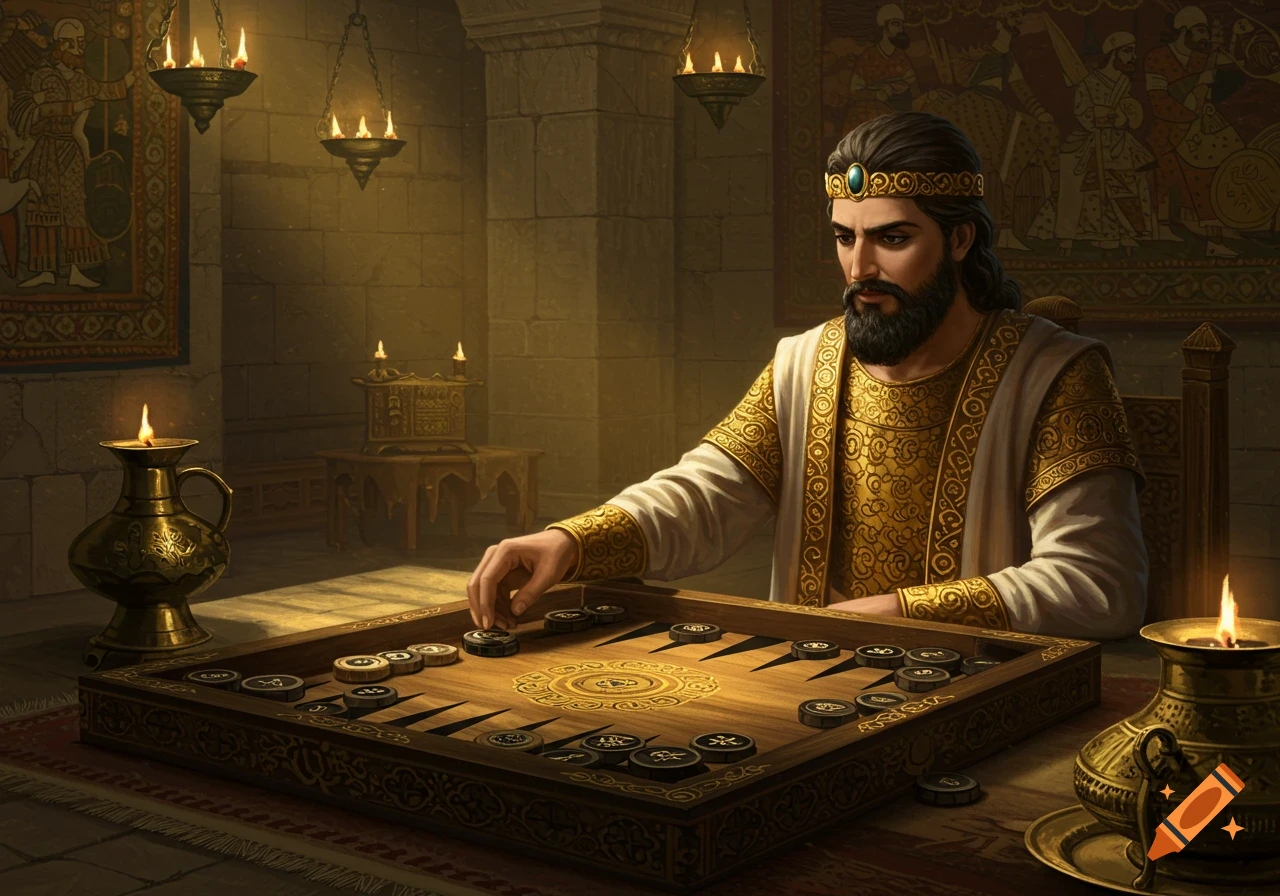 A man with a beard and a golden crown plays backgammon in a dimly lit, richly decorated room with tapestries.
