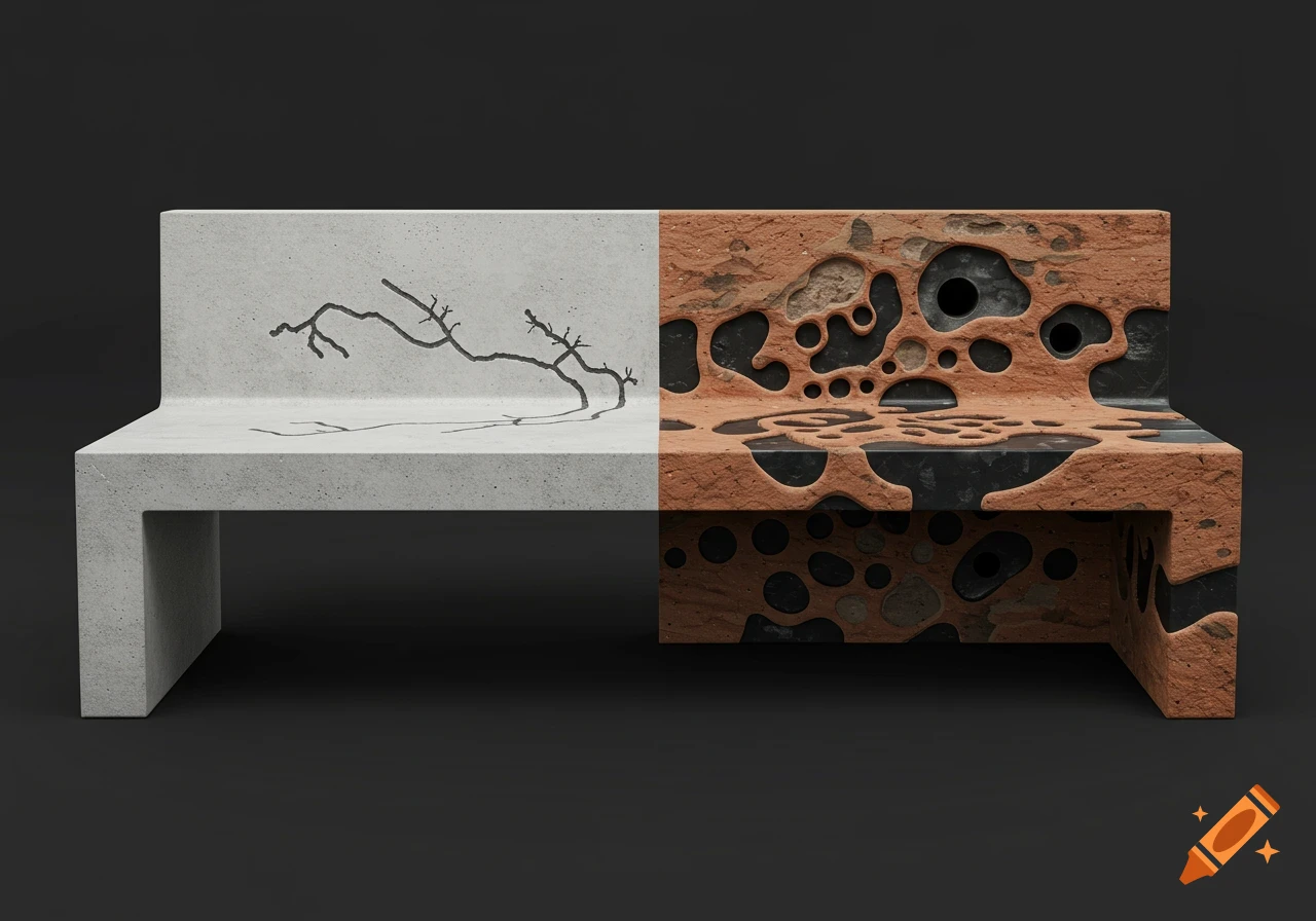 A two-part bench, left side is smooth concrete with a dark etched branch, right side is textured reddish-brown with organic ant nest patterns.