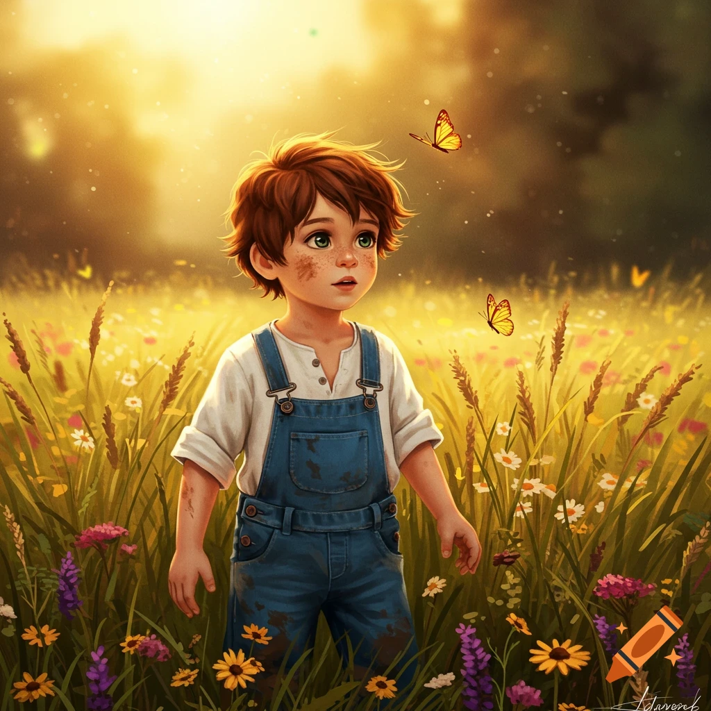A young boy with freckles and brown hair, dressed in overalls, stands in a vibrant sunlit wildflower field with butterflies.