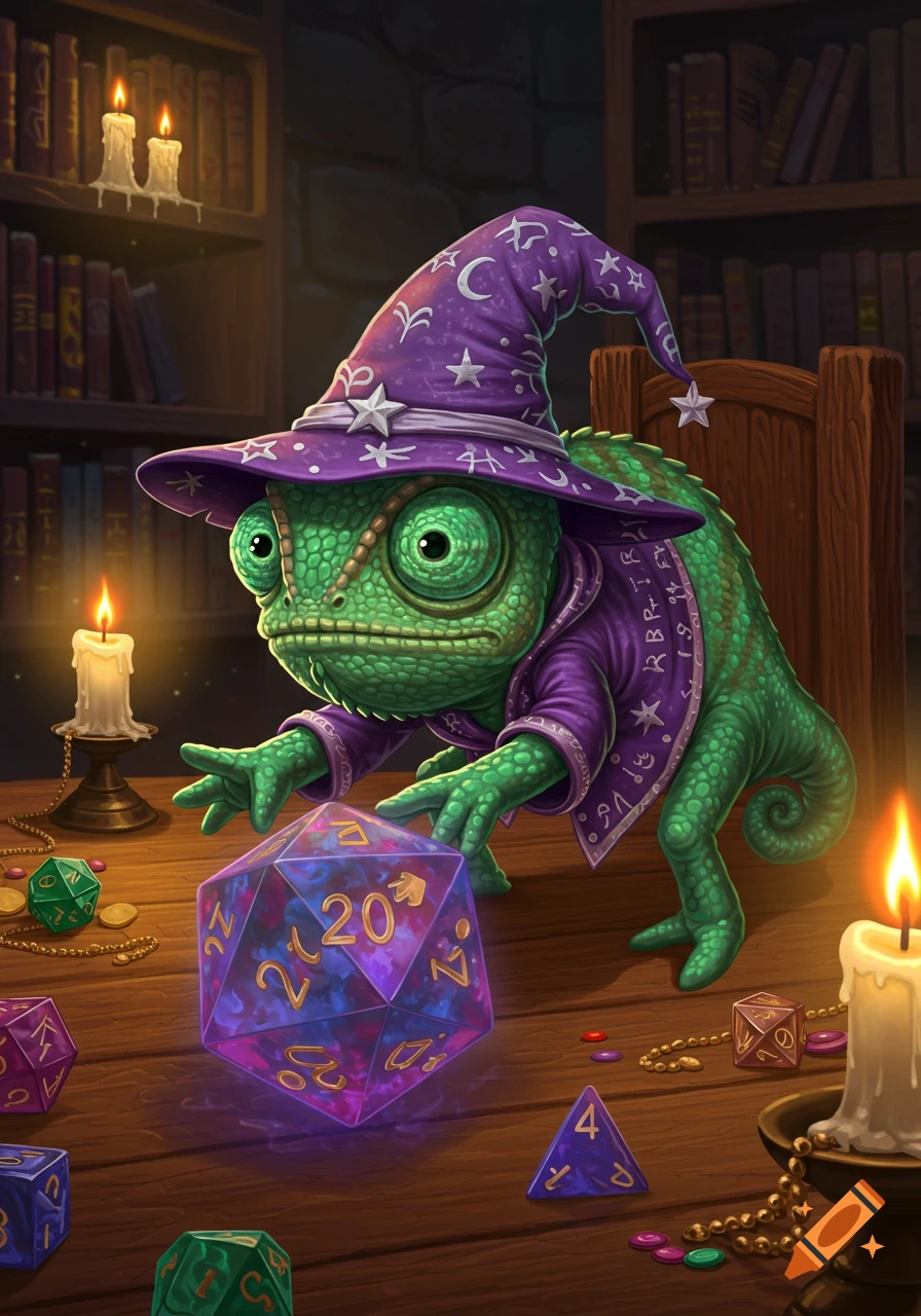 A cartoon chameleon wizard in a purple hat and robe leans over a glowing D20 die showing '20' on a wooden table with other dice and candles.