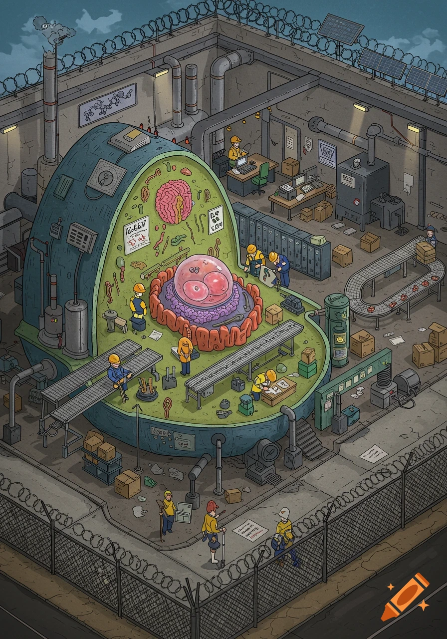 Isometric illustration of a factory built as an analogy for a eukaryotic cell, with tiny workers managing various organelles as industrial components, surrounded by a razor wire fence.