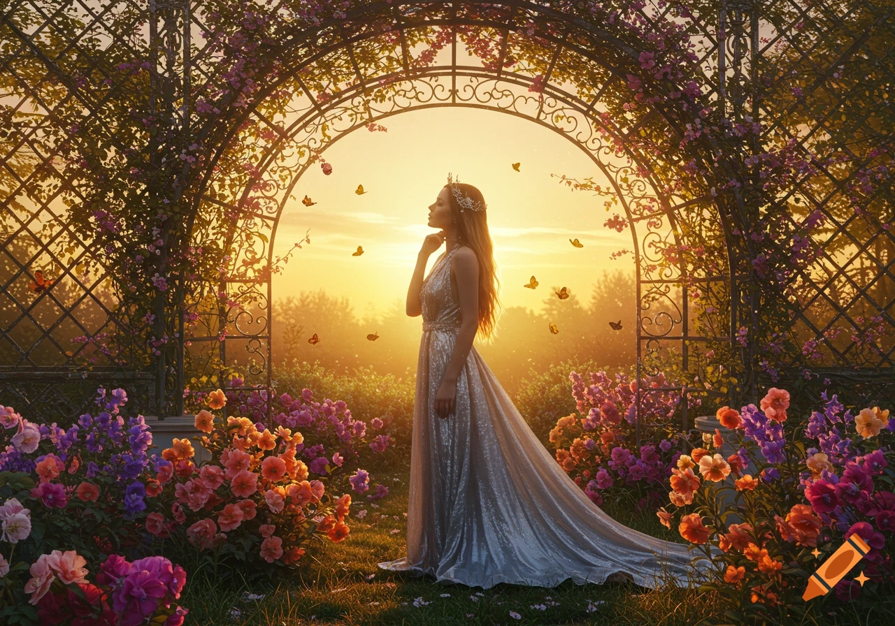 A woman in a shimmering gown stands under a flower-covered archway at sunset, surrounded by colorful flowers and butterflies in a magical garden.
