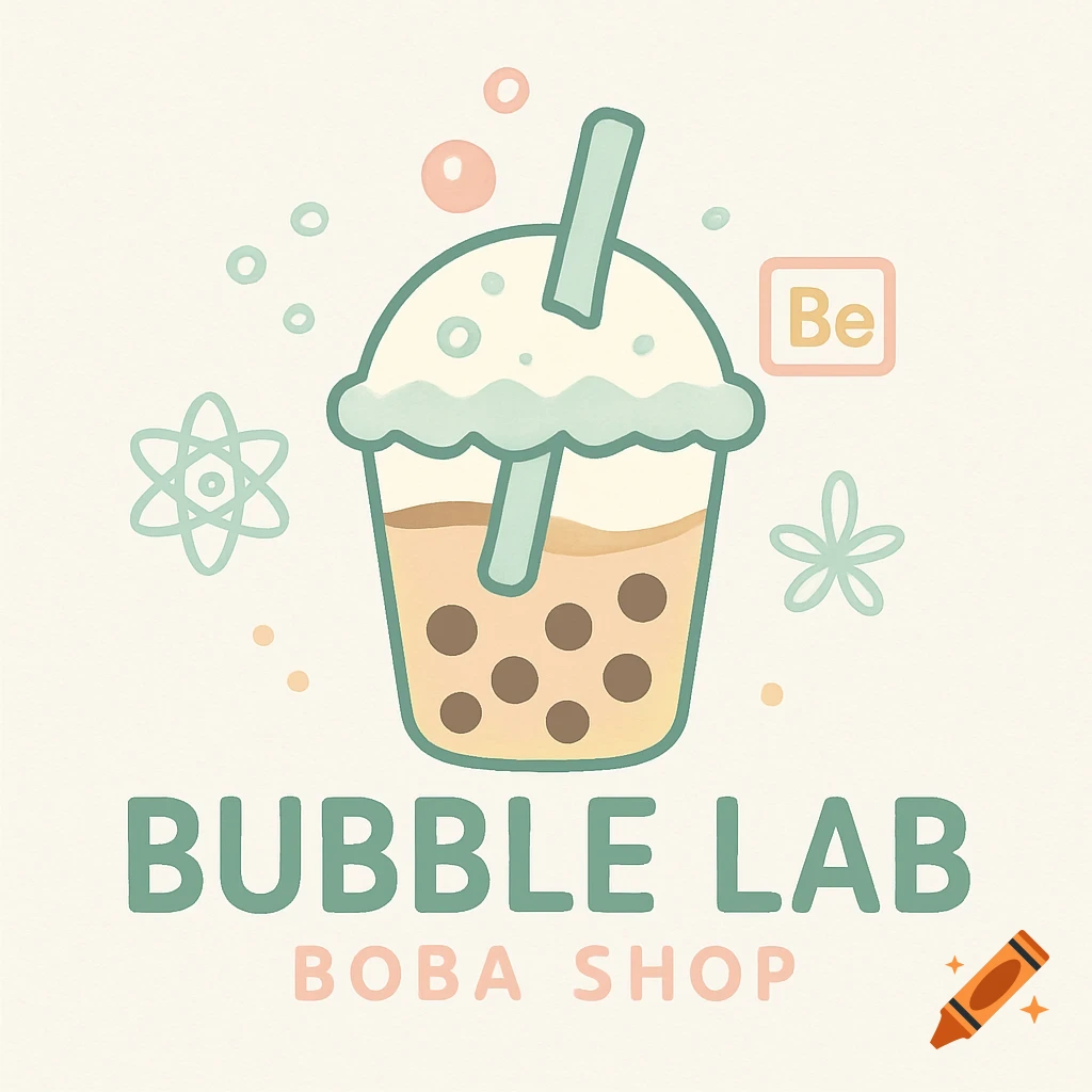 A pastel logo for 'Bubble Lab Boba Shop' featuring a cute bubble tea cup surrounded by scientific and bubbly elements.