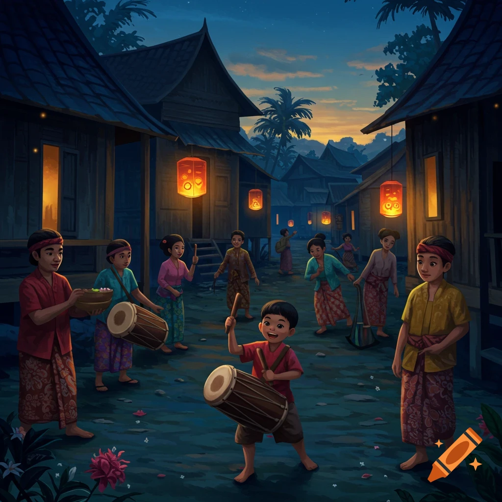 Illustration of children and adults playing drums and carrying bowls in a traditional village at dusk, lit by lanterns.