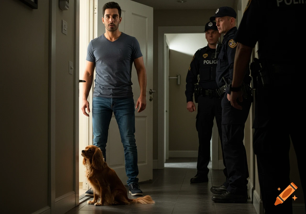 A man and his Cavalier King Charles Spaniel dog stand in a doorway, looking at two police officers who are in the hallway. Photorealistic style.