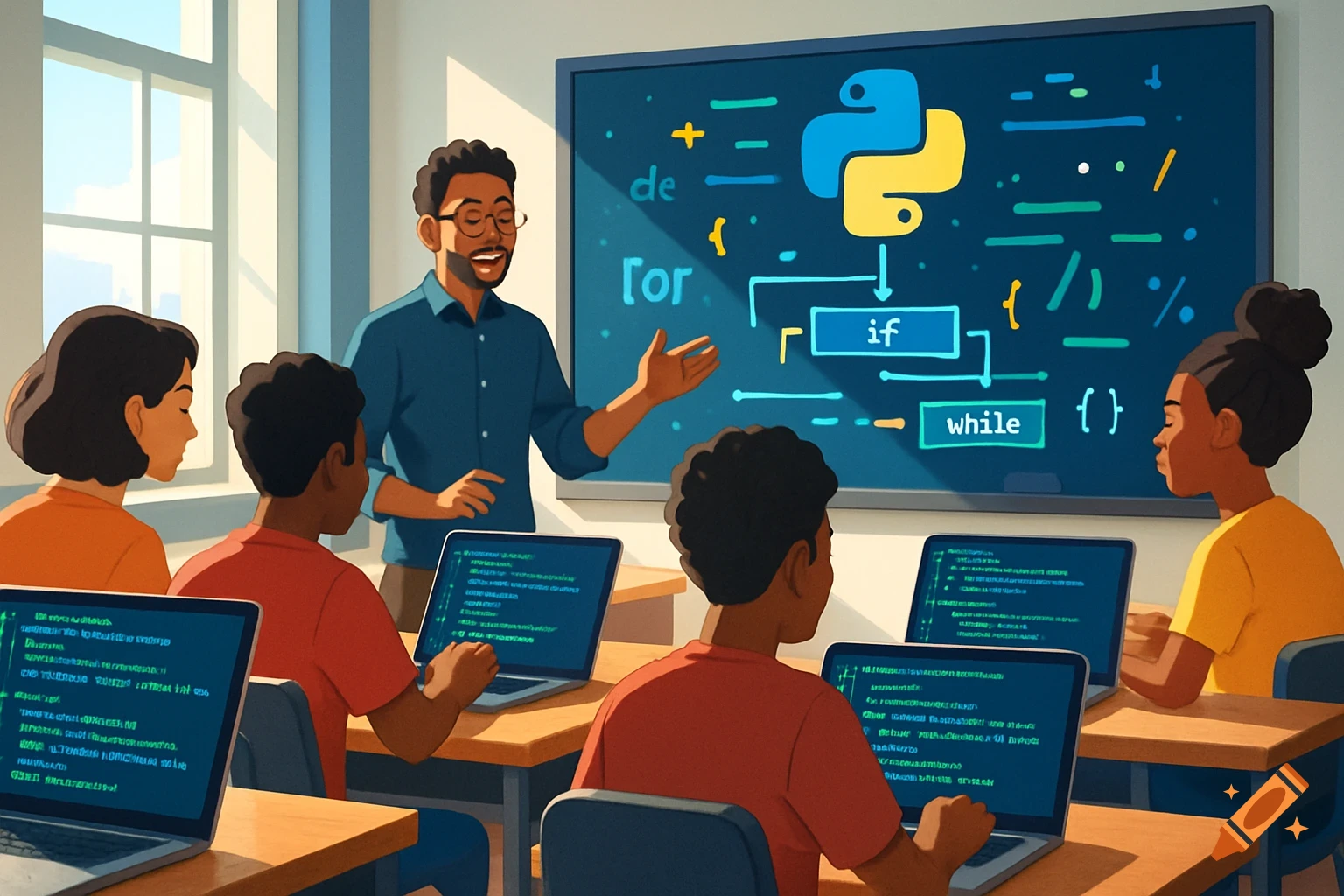 An illustrated classroom scene with a teacher explaining coding concepts to students working on laptops, featuring the Python logo on a whiteboard.