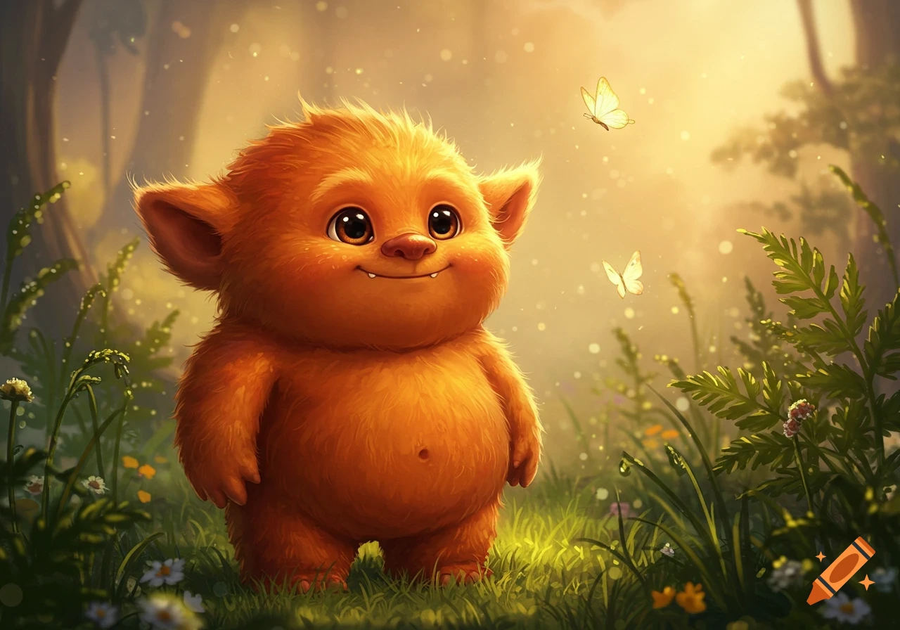 A cute, fluffy orange fantasy creature with big eyes and a smile stands in a sun-dappled forest clearing with butterflies.