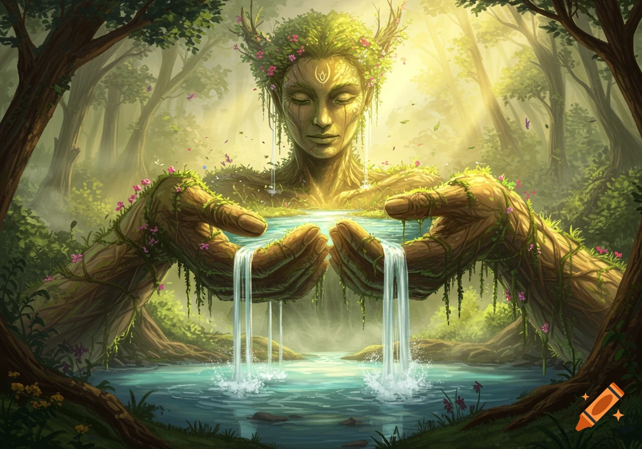 A beautiful nature goddess, Mother Earth, made of trees and leaves, gently holds water in her cupped hands in a lush forest, depicted in an illustrative style.