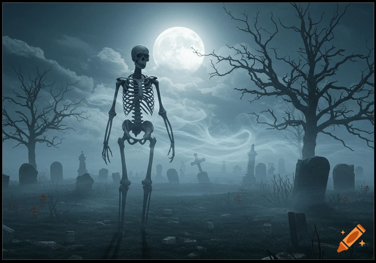 A skeleton stands in a foggy, moonlit graveyard with bare trees and numerous headstones, creating a spooky atmosphere.