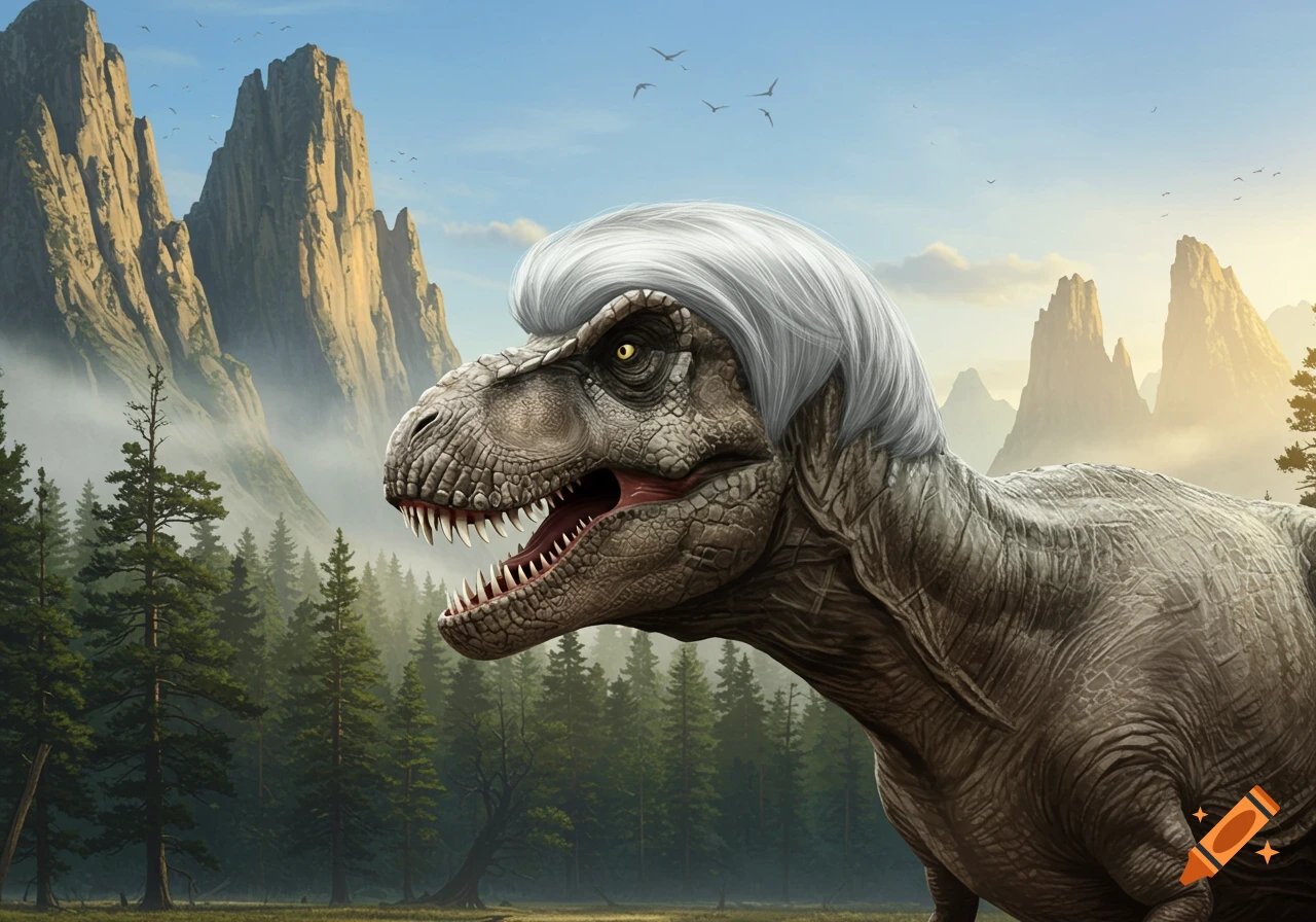 A gray Tyrannosaurus Rex with a white, styled 'Bob Barker' haircut stands in a lush forest with tall, misty mountains under a blue sky.
