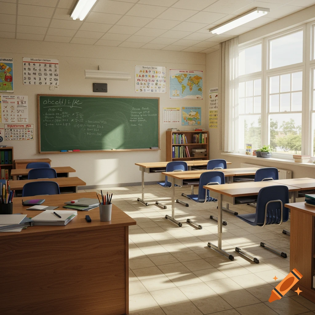 A photorealistic image of an empty classroom with rows of desks, a blackboard, and posters on the walls, bathed in sunlight from large windows.
