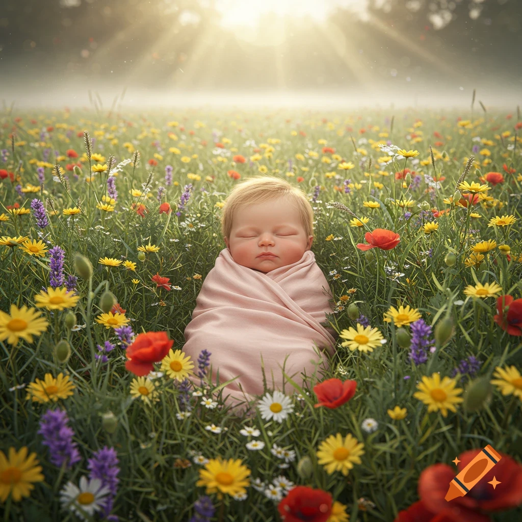 A sleeping baby swaddled in pink in a sunny field of vibrant wildflowers, with light rays shining from above.
