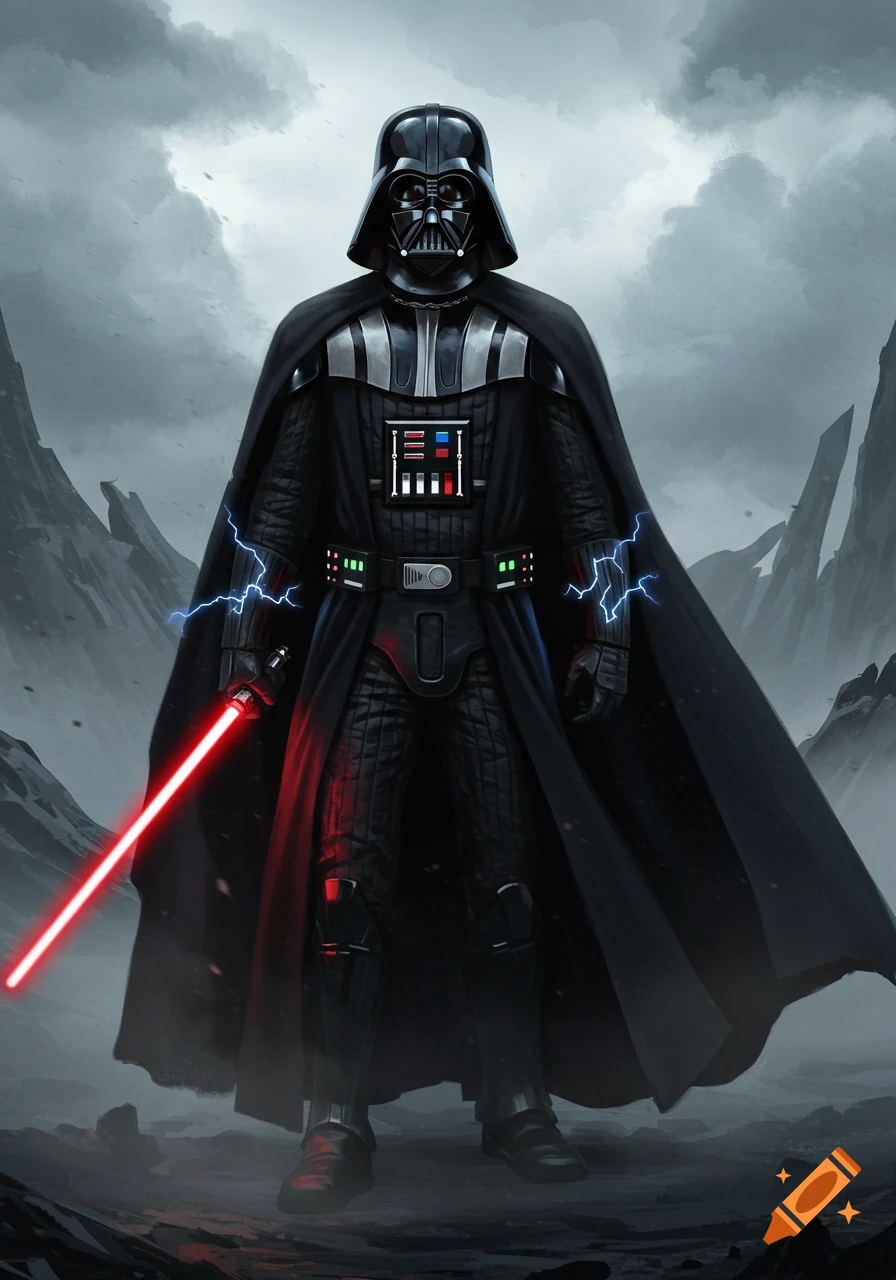 Darth Vader stands on a rocky, cloudy alien planet, holding a red lightsaber with lightning emanating from his hands. Cinematic art style.