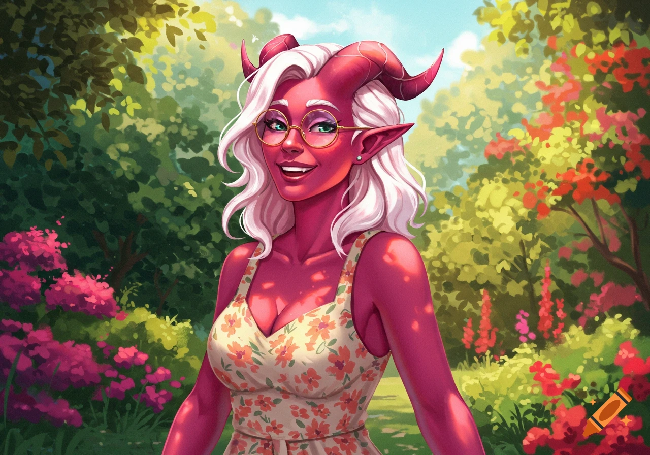 A smiling female tiefling with magenta skin, white wavy hair, horns, and glasses, wearing a floral sundress, stands in a lush, sunny garden with pink and red flowers.