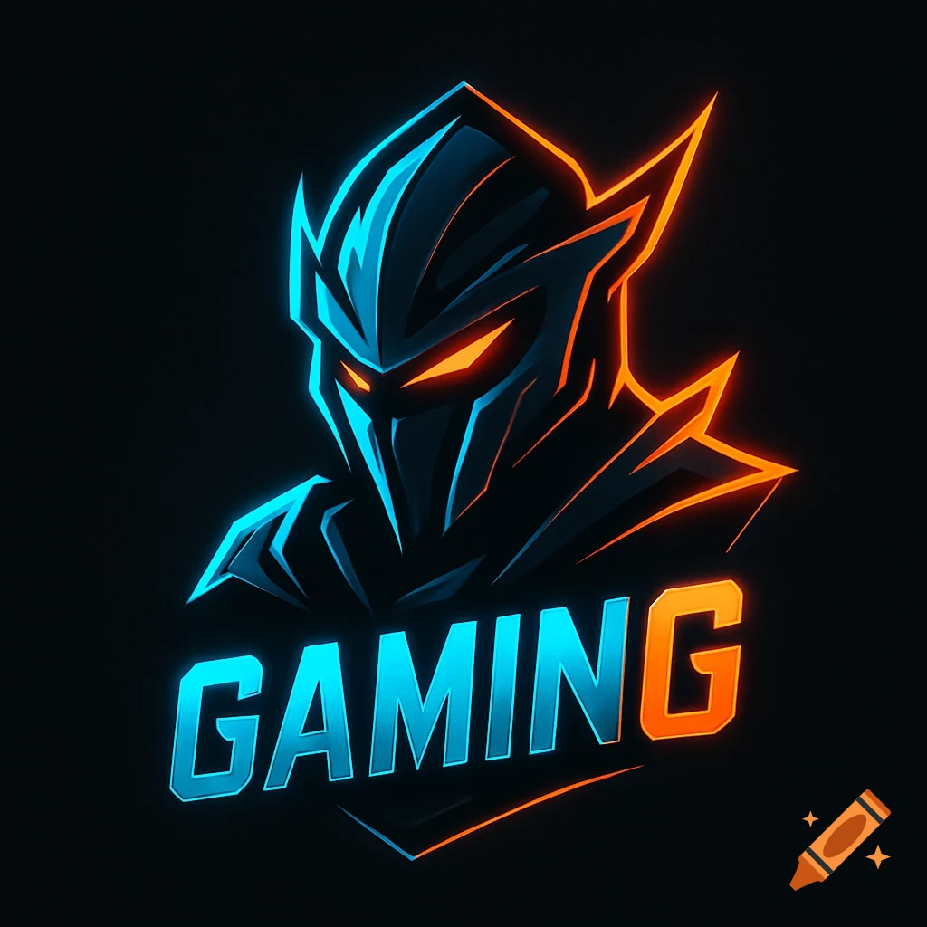 Stylized gaming logo featuring a futuristic helmet with glowing blue and orange accents and the word 'GAMING' in neon.