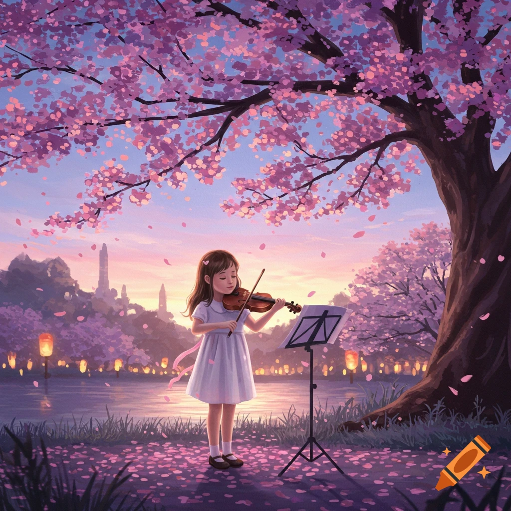 An anime-style illustration of a little girl playing violin under falling pink cherry blossoms at sunset.