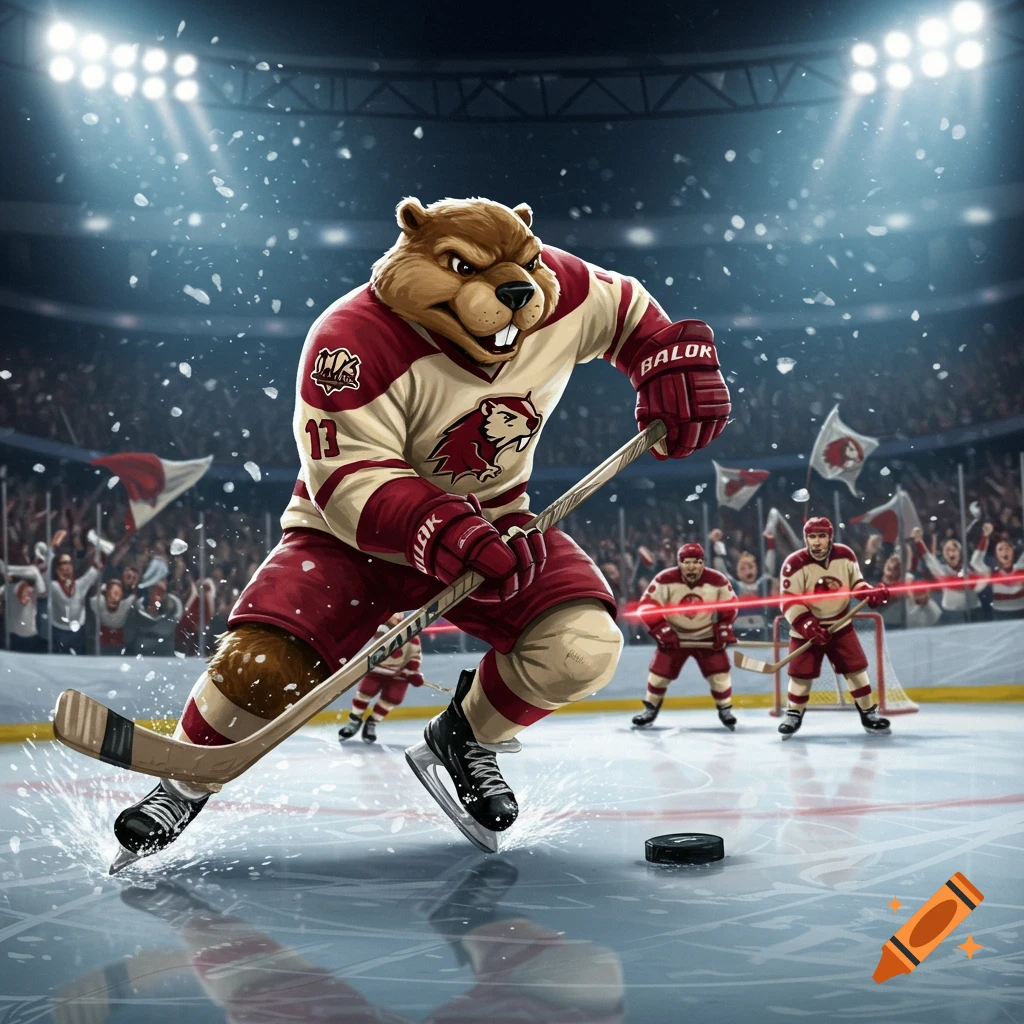 A dynamic illustration of a beaver mascot in a red and cream hockey uniform skating on ice with a stick and puck in a stadium.