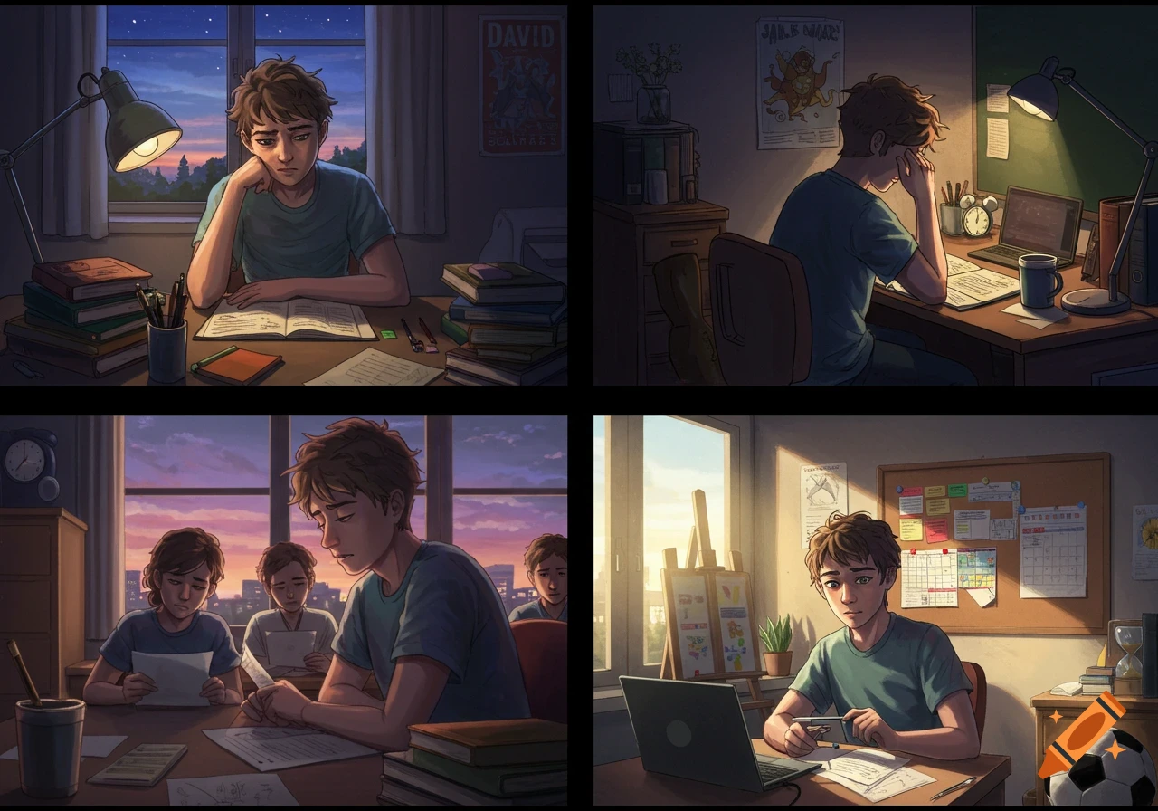A 4-panel illustration showing a male student, David, struggling with stress and tiredness from studying, then making a schedule. Scenes include him at a desk at night, stressed at a laptop, studying with others, and at a desk with a phone during the day.
