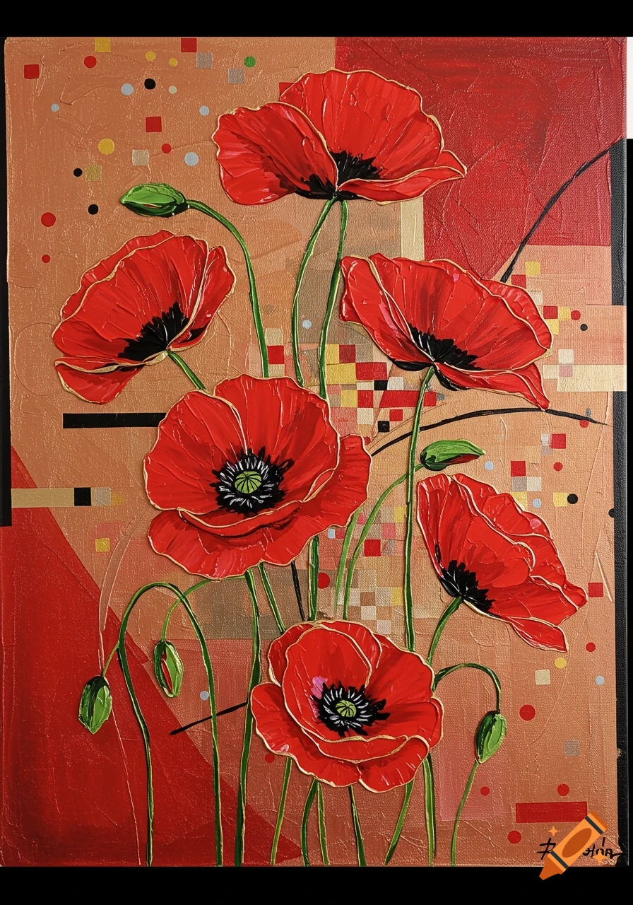 A vibrant abstract painting features textured red poppies with black centers and gold outlines on a geometric background with shades of red, orange, and beige.