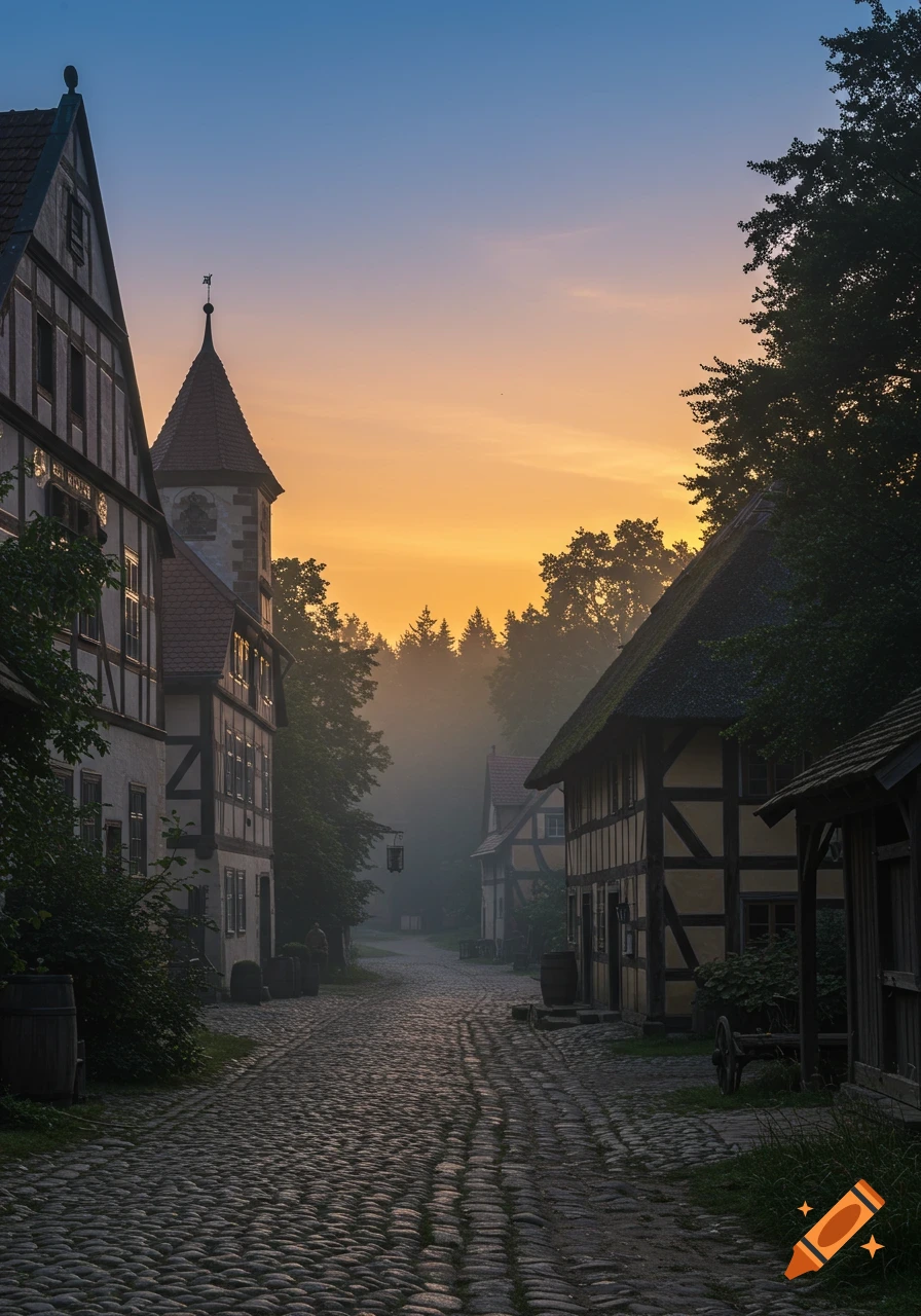 Photorealistic medieval German village with a cobblestone street, half-timbered buildings, and a misty forest at sunrise.