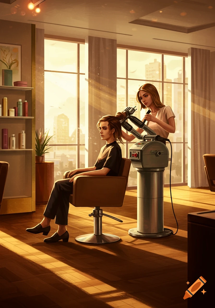 Two women in a sunlit hair salon, one having her hair styled by a machine. Digital art.