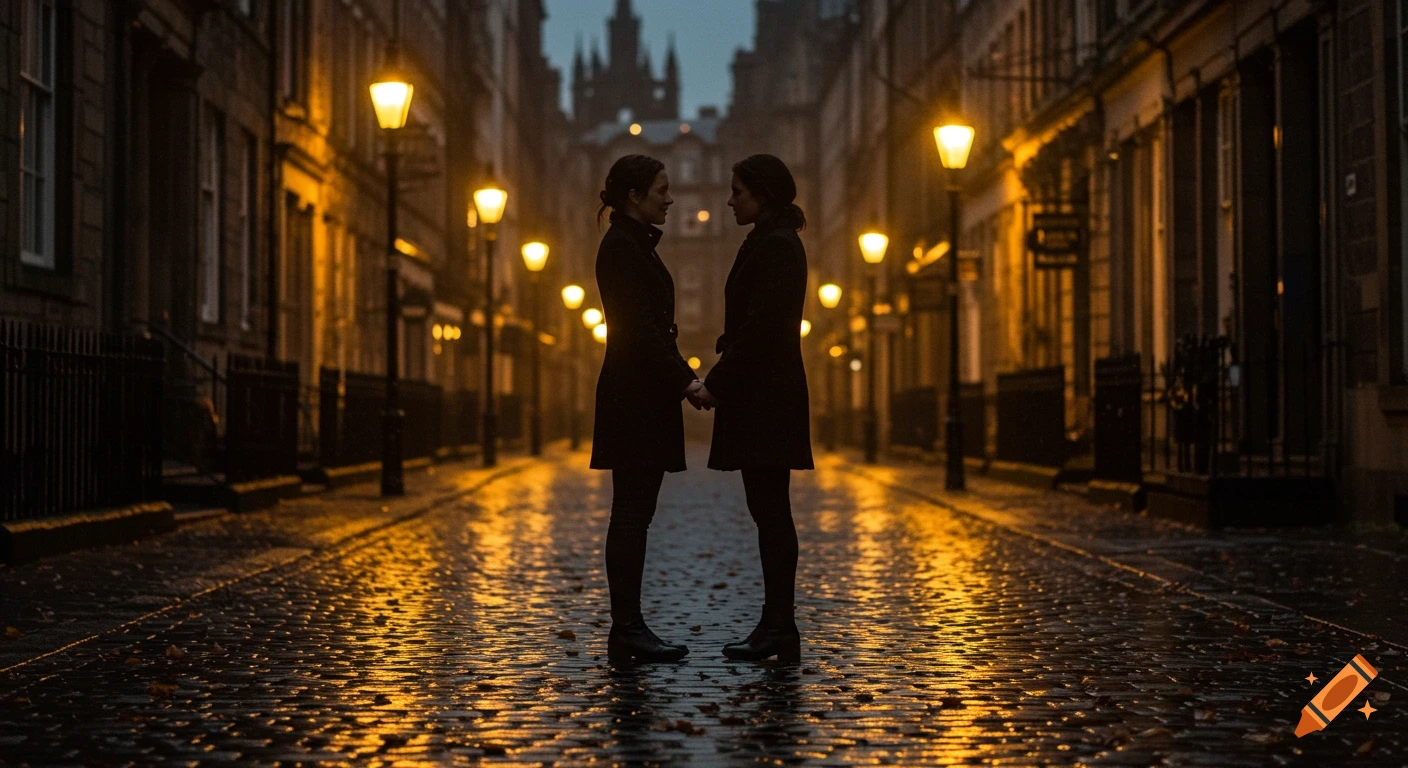 Two figures in dark coats stand facing each other on a wet, cobblestone street lit by glowing streetlights in a rainy cityscape.