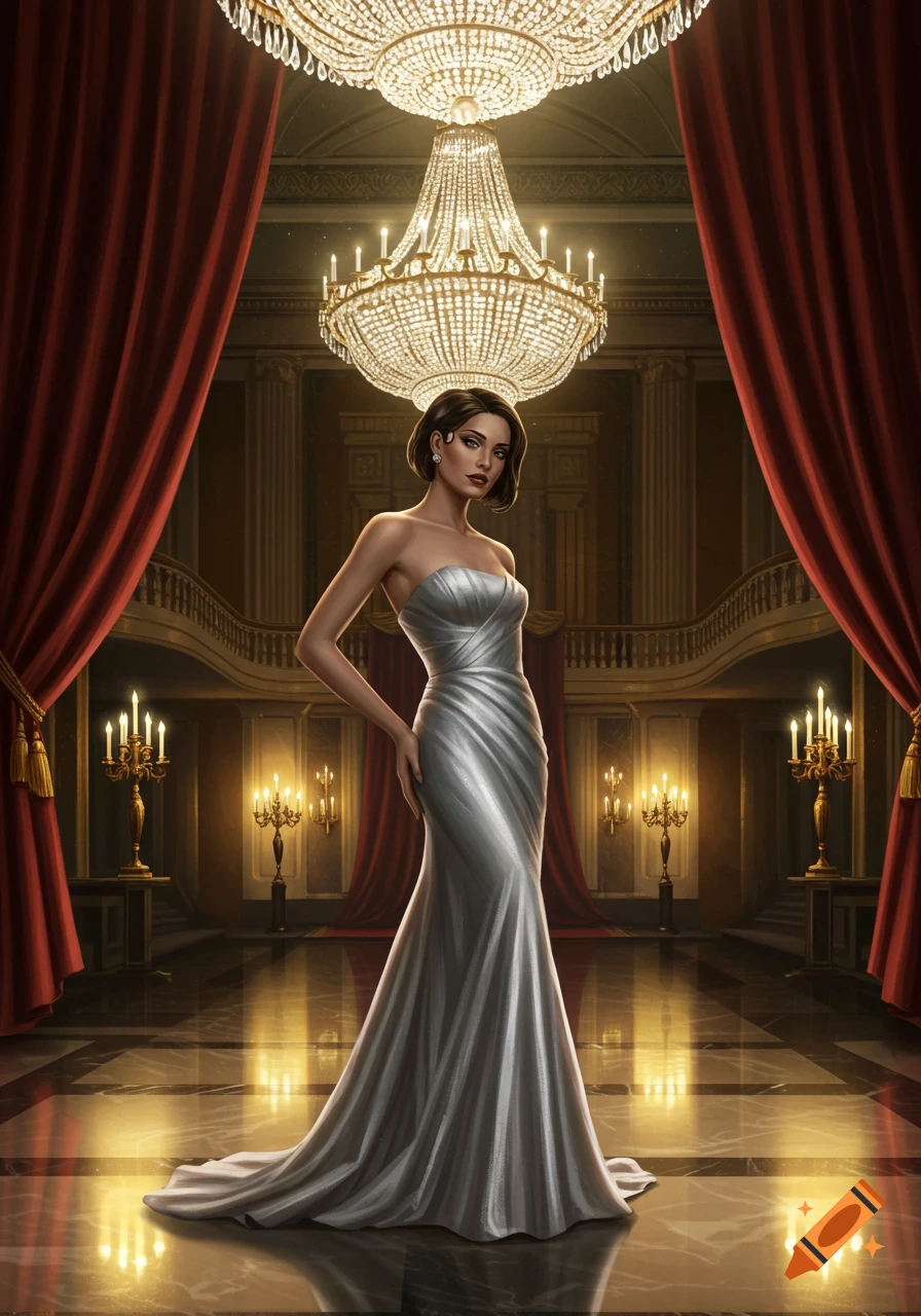 A woman in a silver strapless gown stands in a grand ballroom with sparkling chandeliers and red curtains. Digital painting.