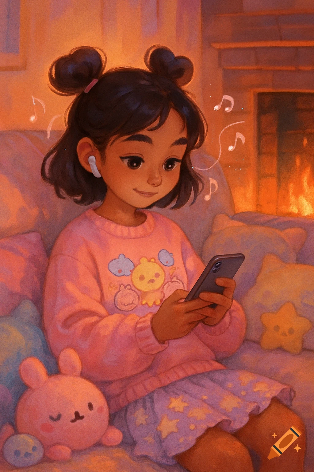 A kawaii style digital art of a young girl with space buns and airpods sitting on a sofa, looking at her phone next to a fireplace.