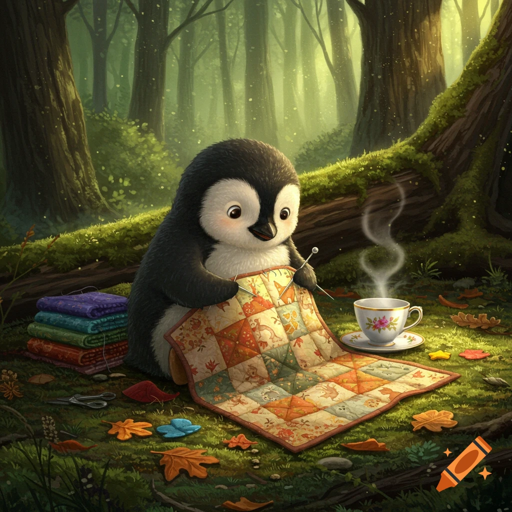A charming baby penguin meticulously quilts a colorful blanket next to a steaming cup of tea in a sun-dappled forest.