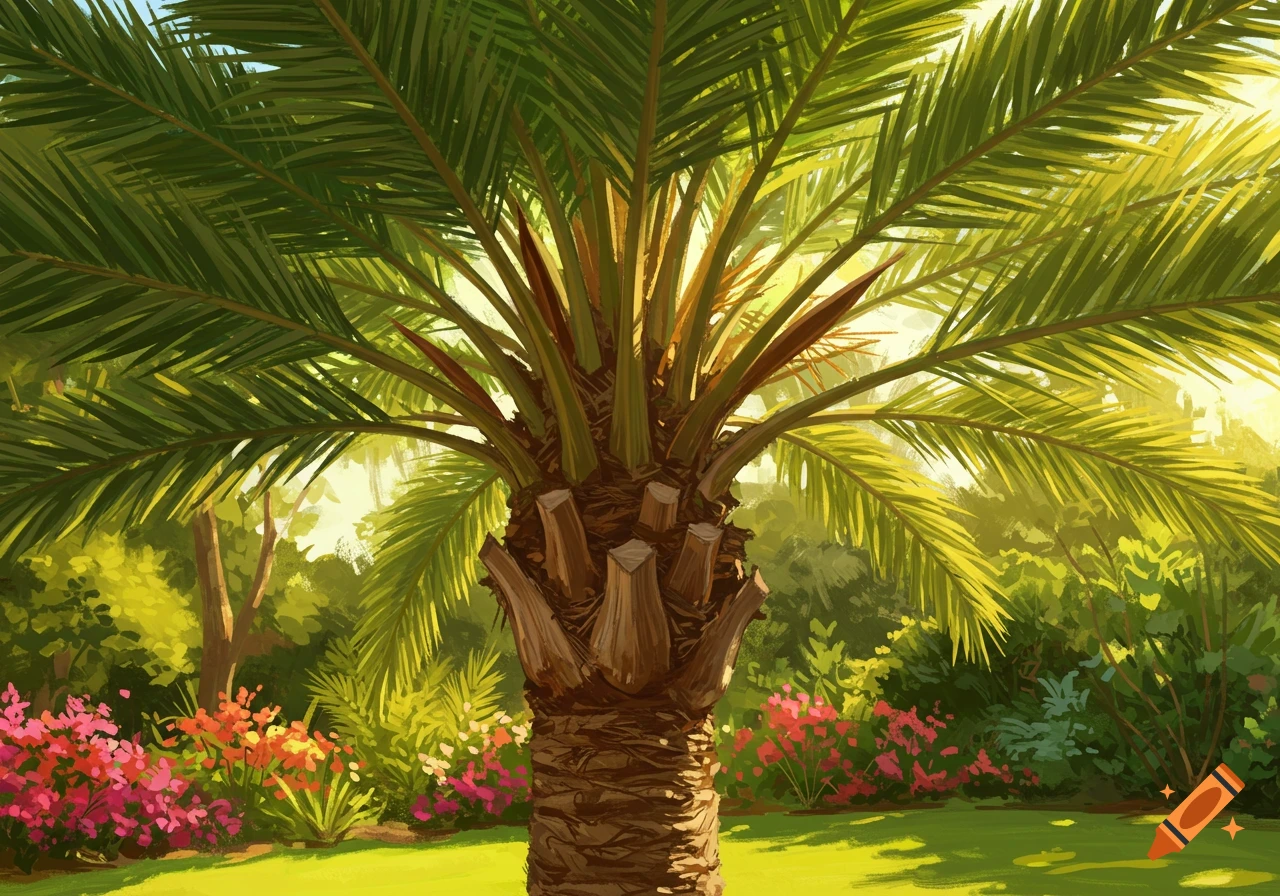 A vibrant illustration of a palm tree's trunk and fronds, with colorful flowers and lush greenery in a sunlit garden.