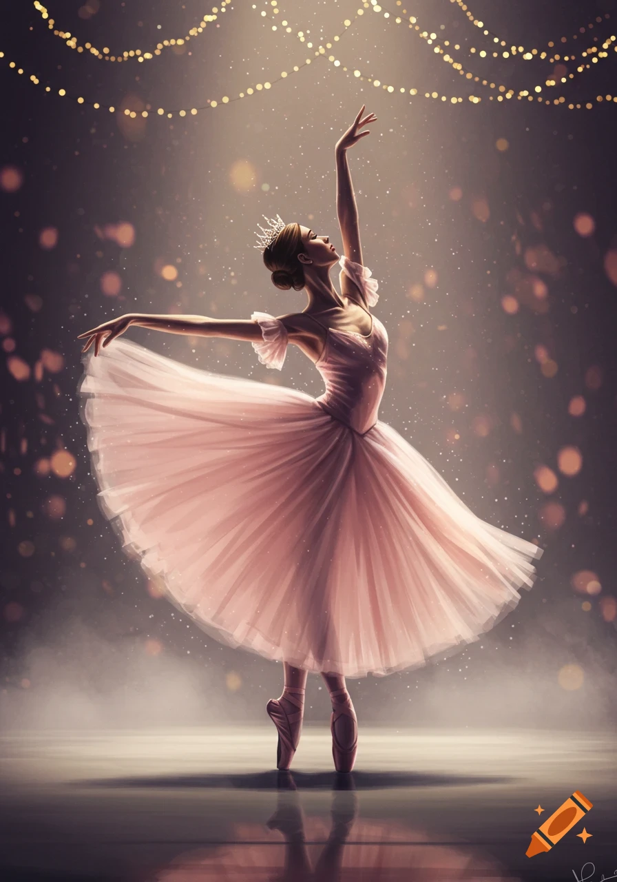 A graceful ballerina in a pink tutu and tiara dances on pointe under shimmering lights on a reflective stage.