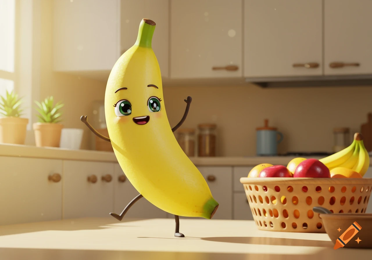A cute, energetic cartoon banana character with a smiling face and big eyes poses in a sunny kitchen.