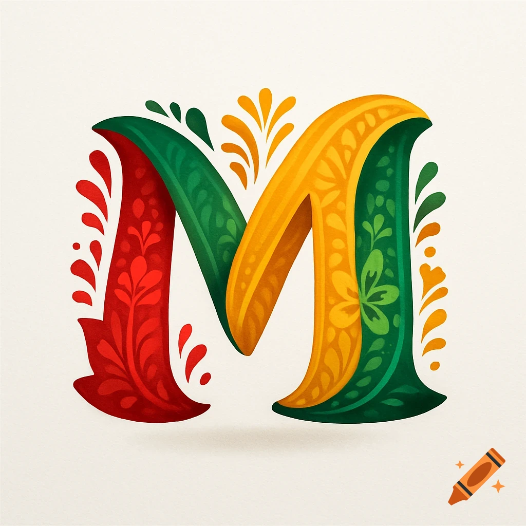 Ornate, decorative letter M in red, green, and yellow/gold colors with floral patterns.
