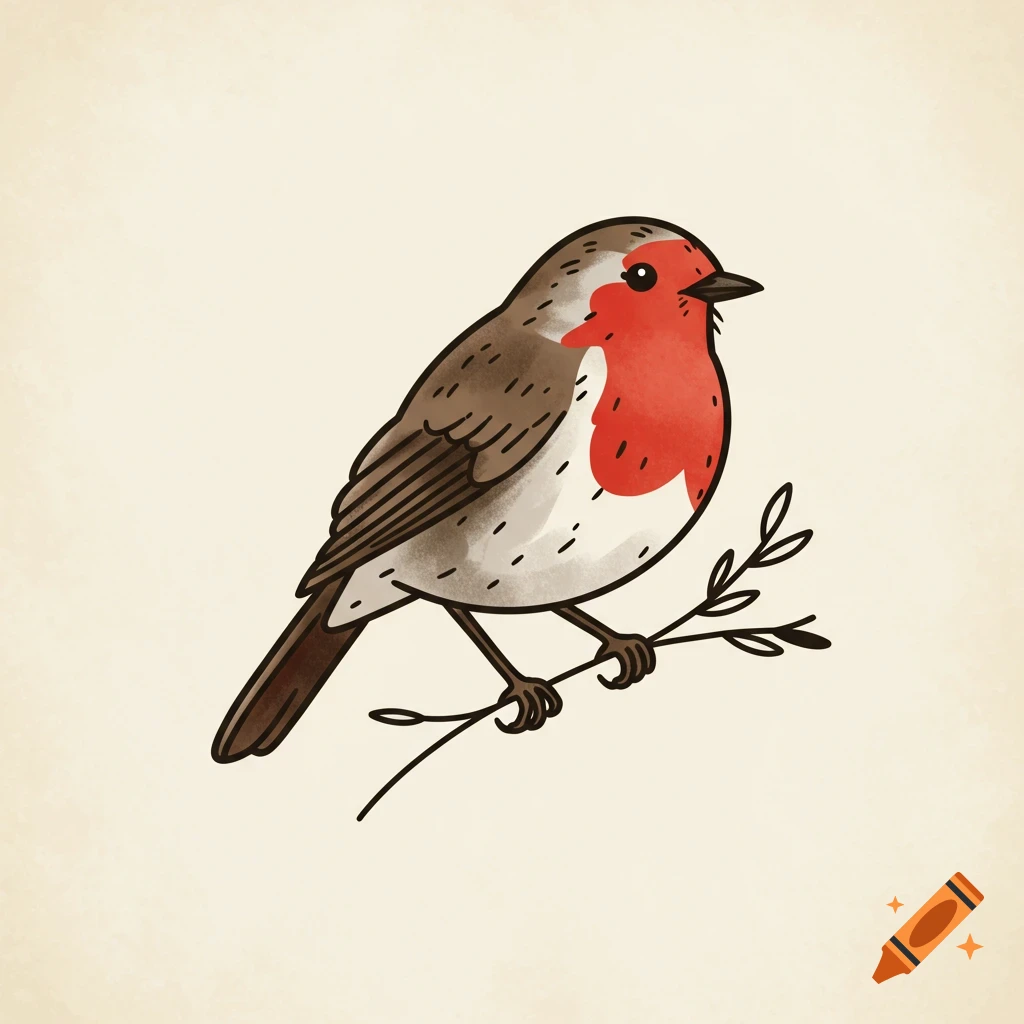 A minimalistic old school tattoo style illustration of a robin bird with a red breast, perched on a thin branch.