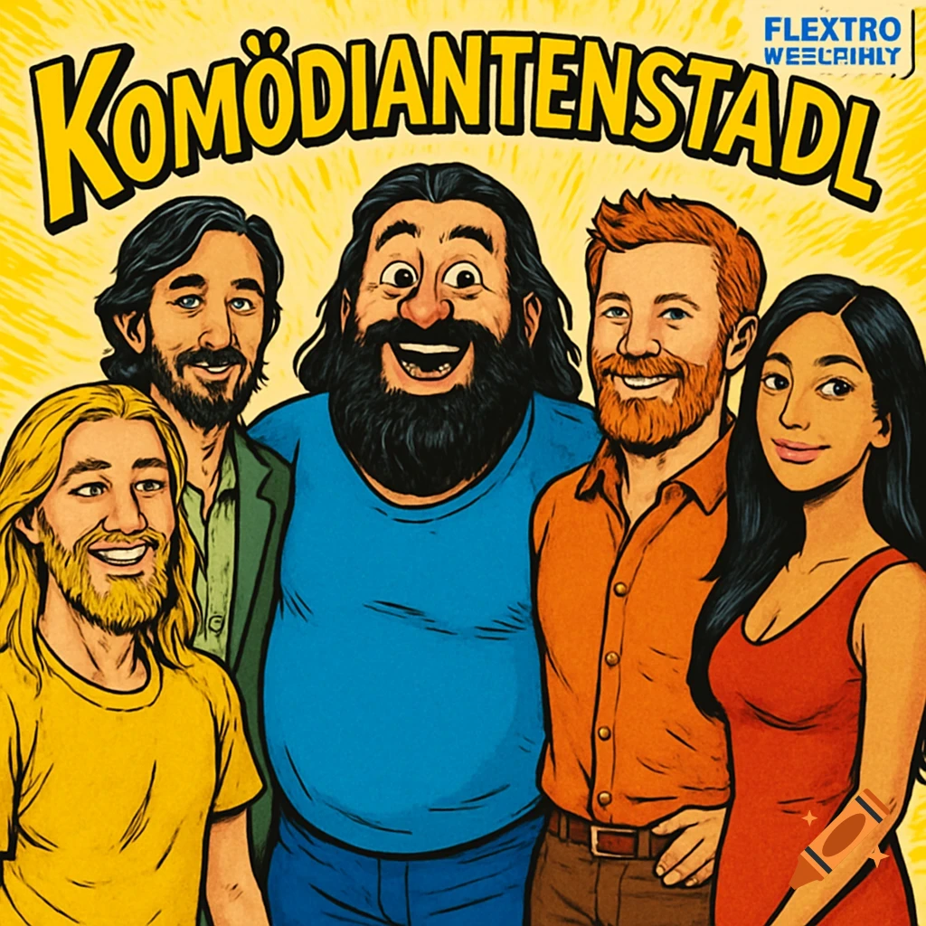 Five smiling cartoon-style people, four men and one woman, with the text KOMÖDIANTENSTADL above them.