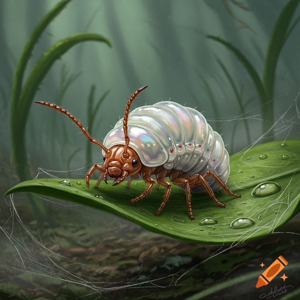An iridescent, pearl-white grub-like creature with brown ant pincers and six legs sits on a green leaf with dewdrops and spiderwebs.
