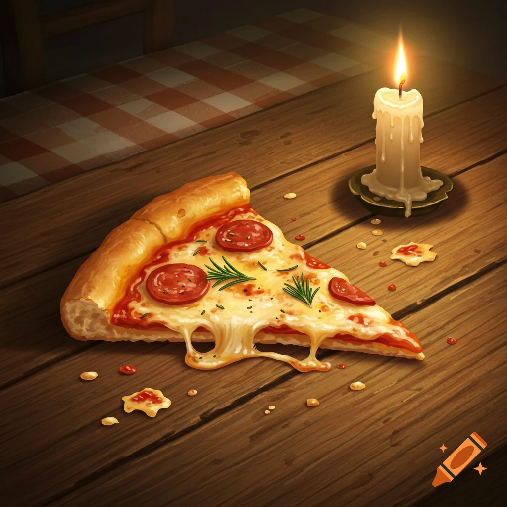 A stylized illustration of a slice of pepperoni pizza with melting cheese and rosemary, illuminated by a candle on a wooden table.