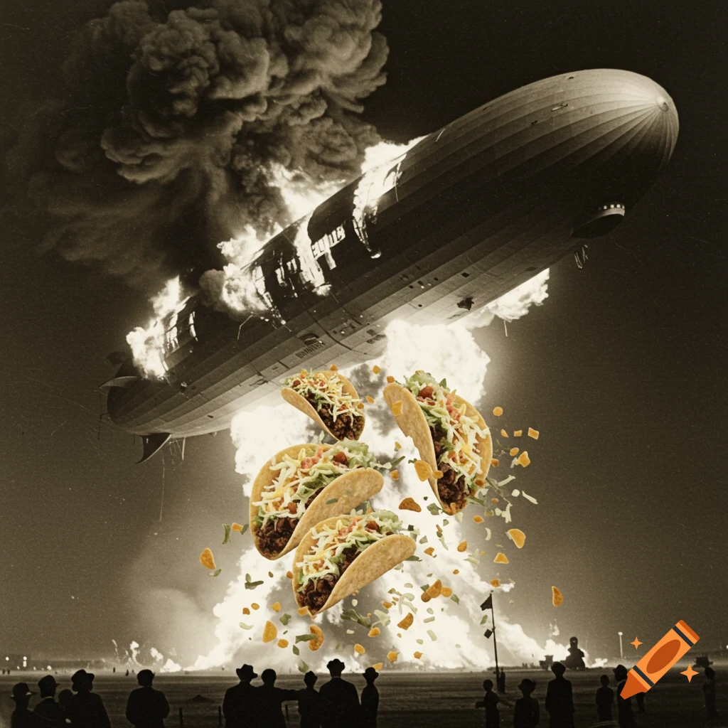 A sepia-toned image depicts the Hindenburg disaster, with the airship ablaze and tacos exploding from it as people watch below.