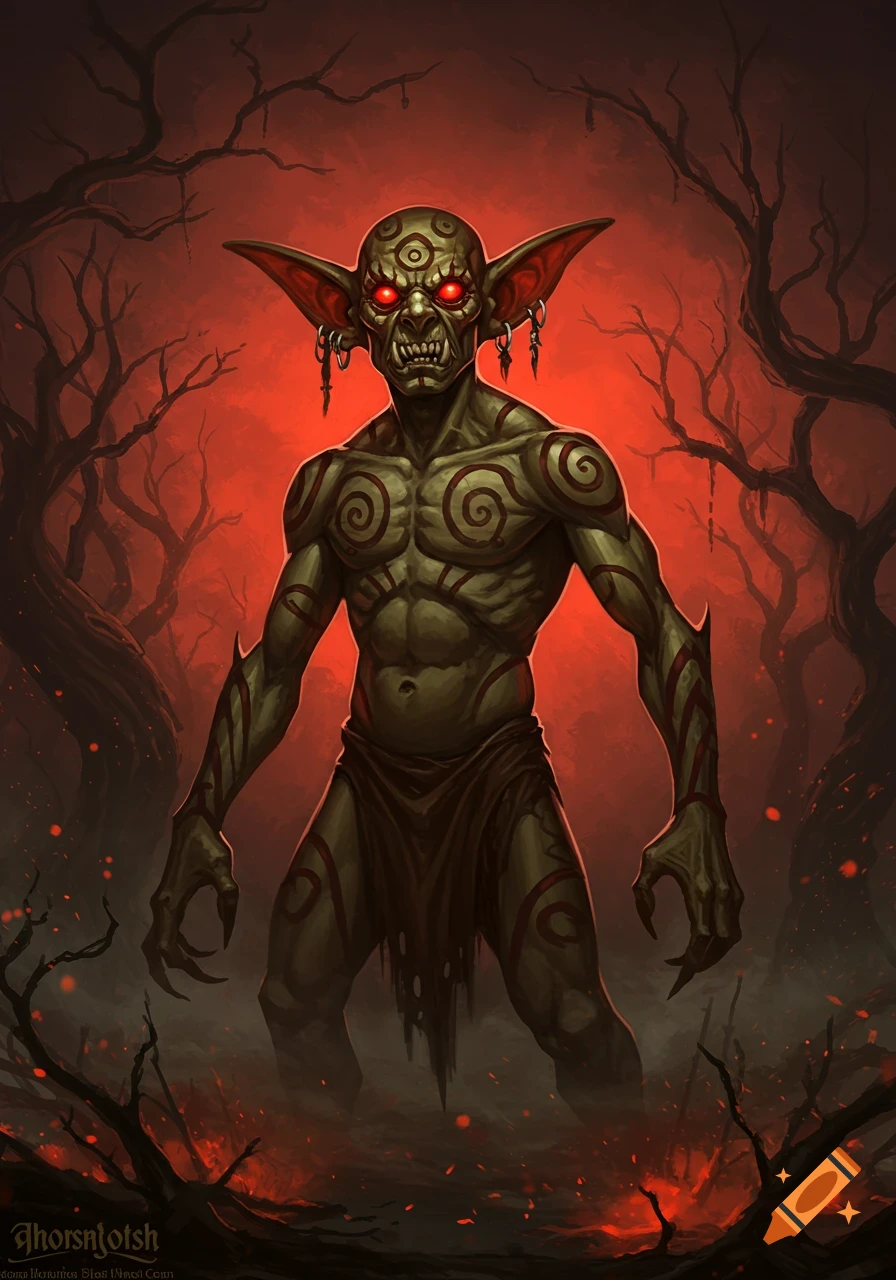 A monstrous green goblin-like creature with glowing red eyes and tribal patterns stands in a dark, fiery, desolate forest setting, illustrated in a dark fantasy style.