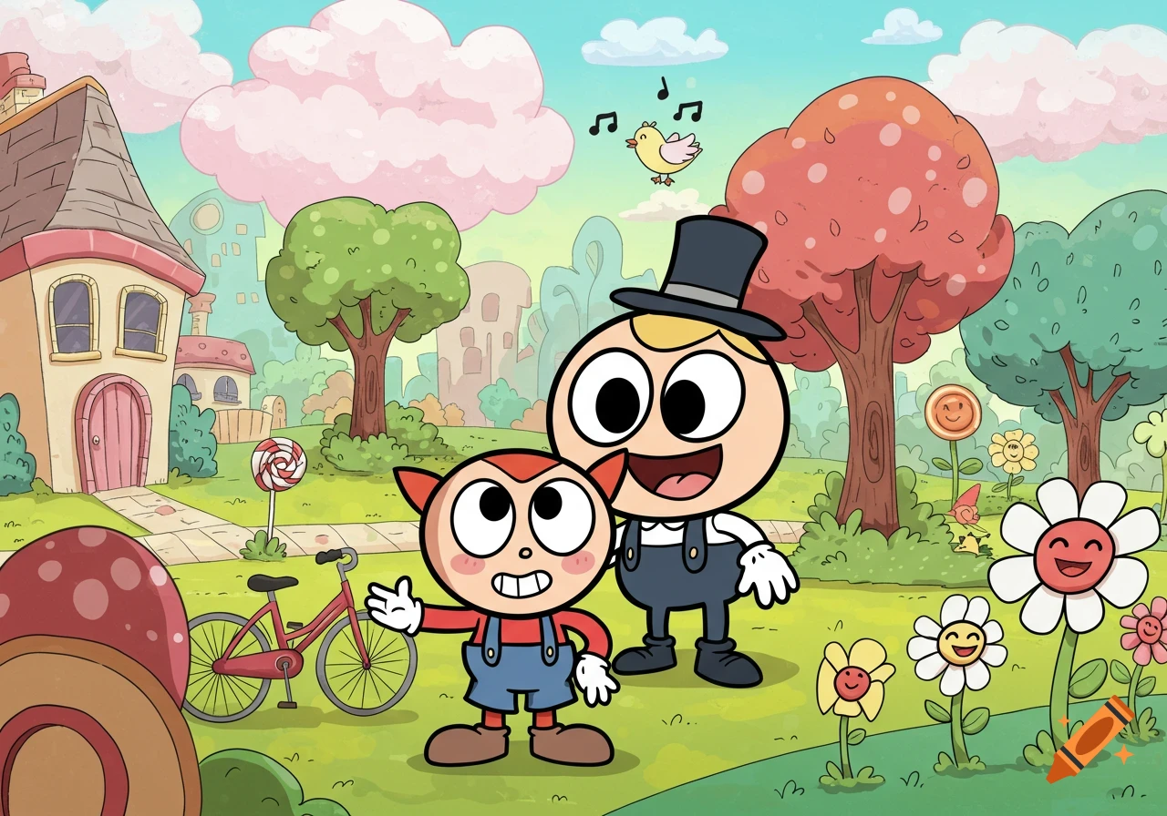 Two cheerful cartoon characters, one with a top hat, stand in a whimsical village scene with a house, trees, flowers, and a bicycle.