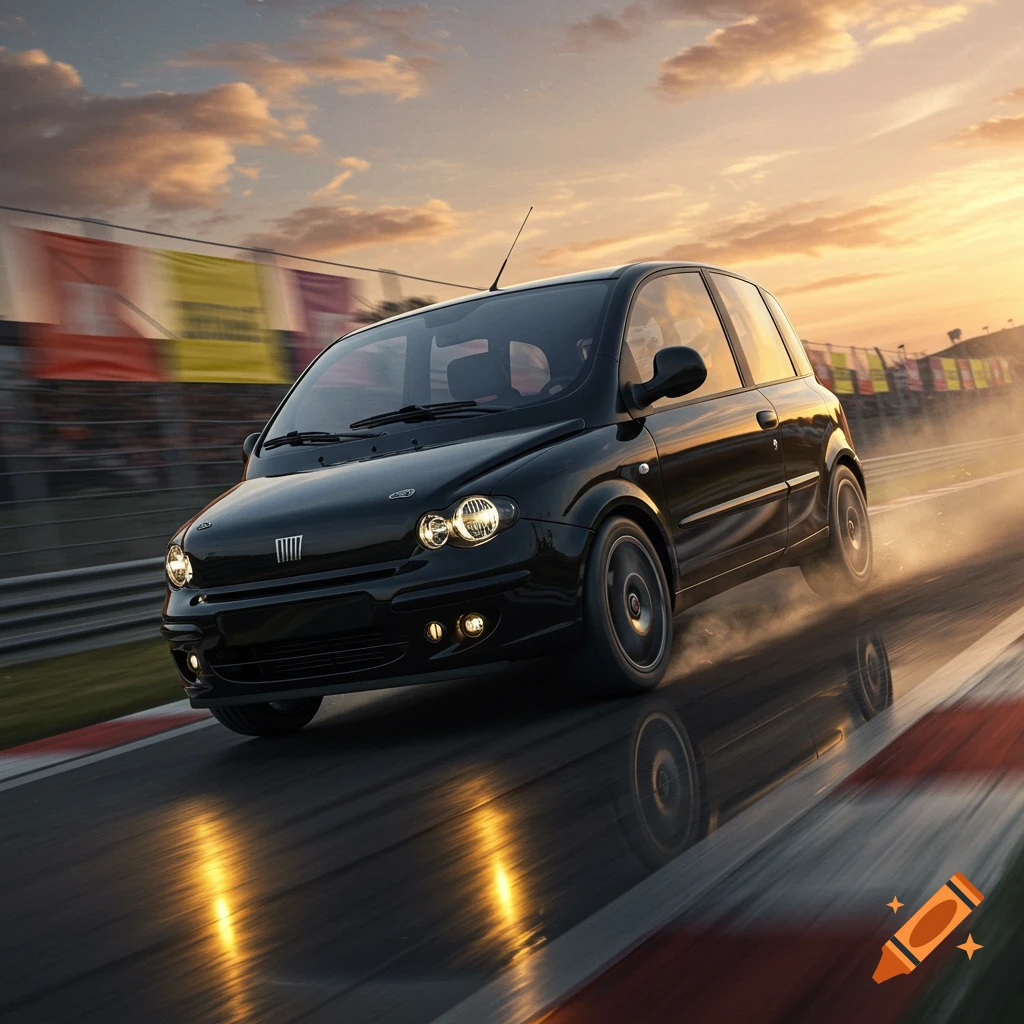 A black Fiat Multipla speeds along a wet racetrack at sunset, motion blur on the wheels and background.