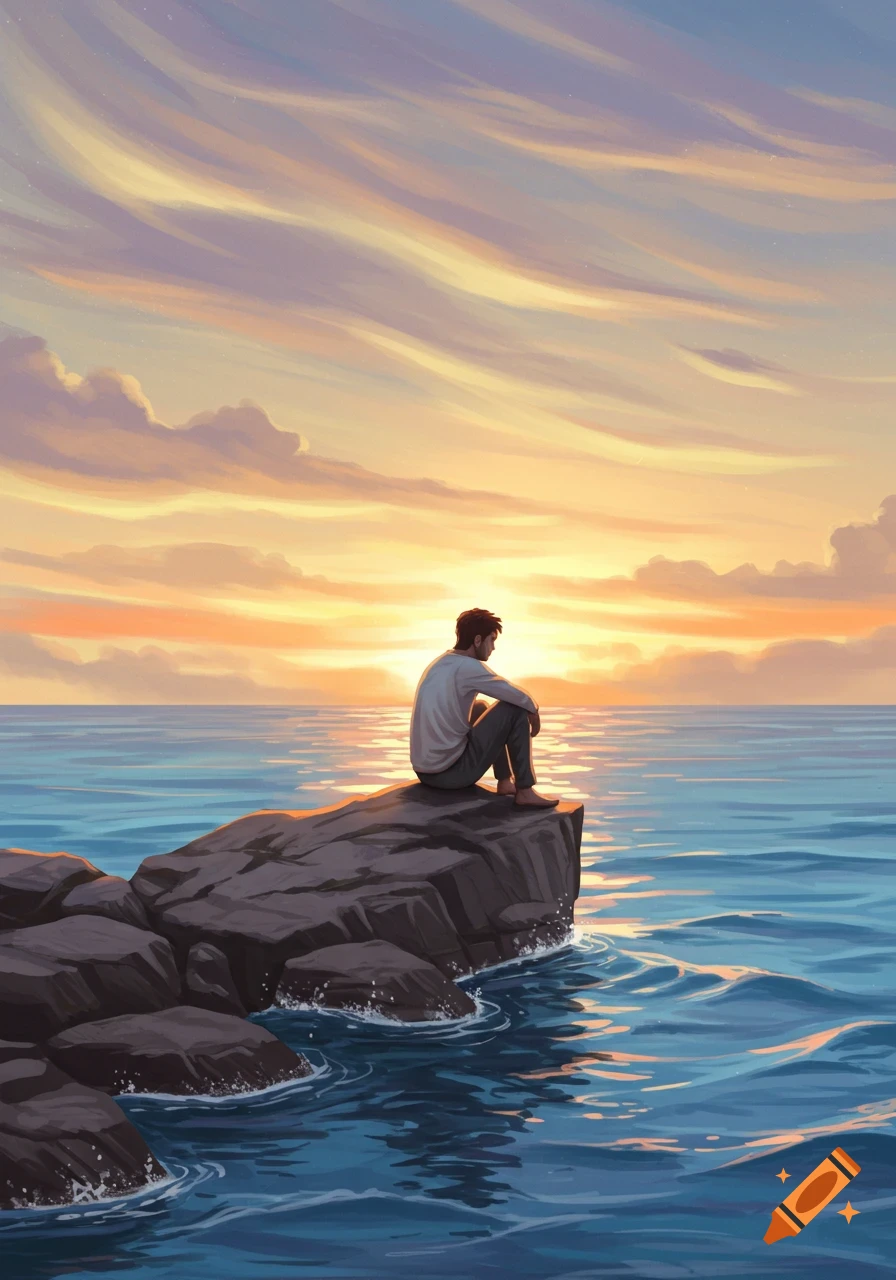 Illustrated man on a rock overlooking a calm sea at sunset with warm-hued clouds.